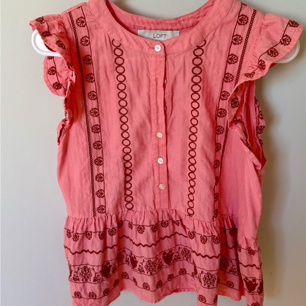 LOFT Coral Embroidered Ruffle Blouse